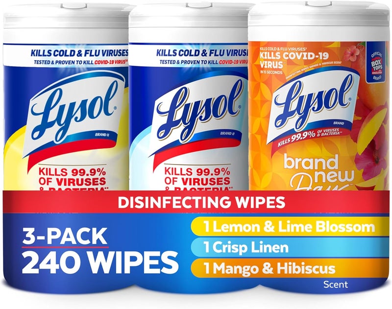 Lysol Disinfectant Wipes Bundle, Dorm Room Essentials, Multi-Surface Cleaning Wipes, For Disinfecting & Cleaning, Lemon & Lime Blossom, Crisp Linen, Mango & Hibiscus, 3x80 ct - Image 1
